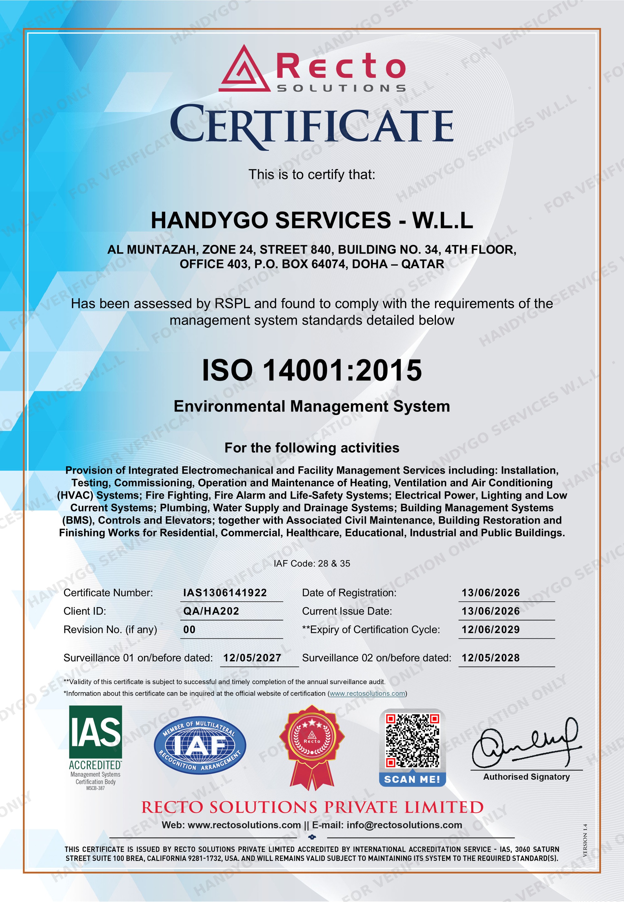 ISO 14001 certificate, for verification only